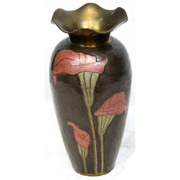 Vtg 80s Cloisonné Brass Vase Pink Lillies Brown Calla Cala Lily Ruffled Rim Top - Picture 3 of 10